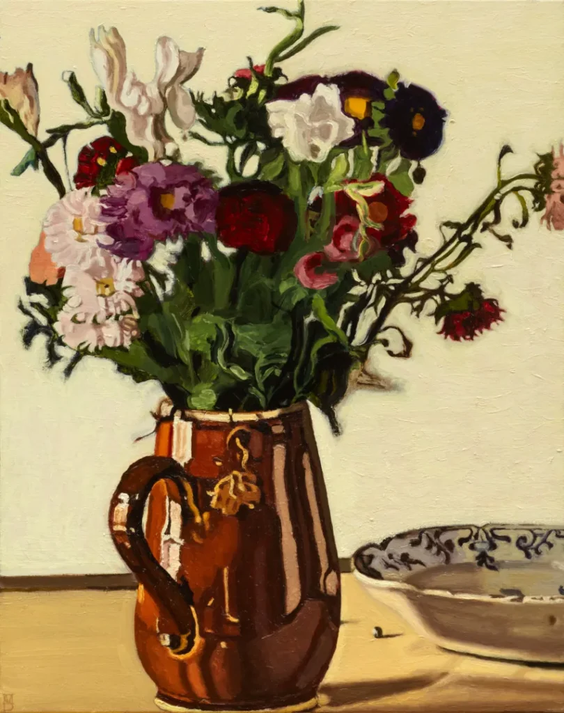 Flowers in Brown Jug with Delft Plate